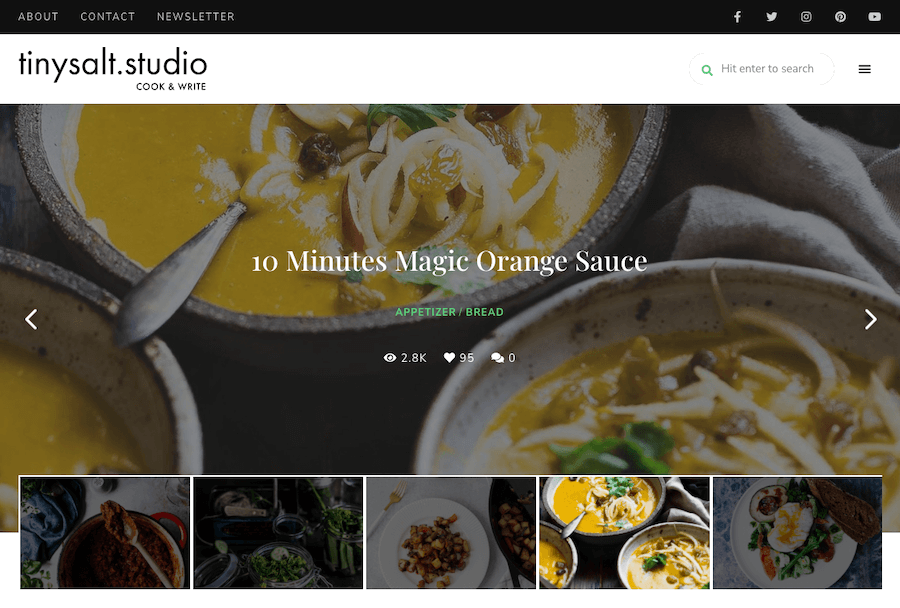 Zrzut ekranu z motywu TinySalt WordPress pokazuje, że jest to najlepszy wybór dla blogerów kulinarnych.