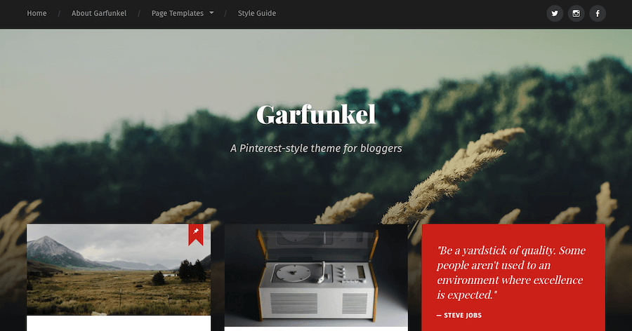 Una captura de pantalla de una demostración del tema de blogs de Garfunkel.