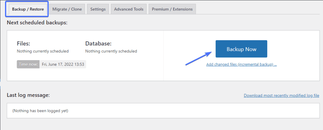 Fare clic su Esegui backup ora dalla scheda Backup/Ripristino