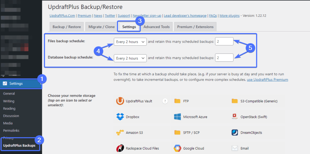 Pagina de setări UpDraftPlus Backups