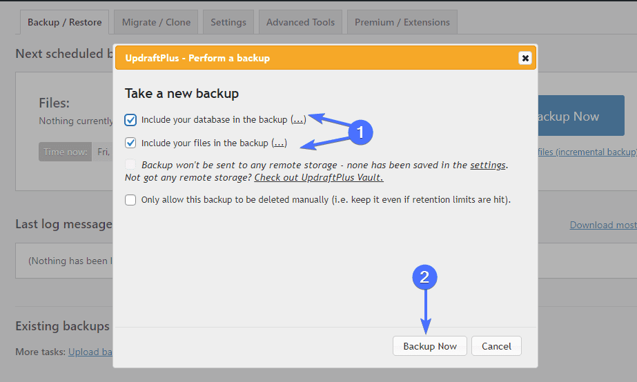 Spunta le due caselle di controllo per eseguire un backup completo