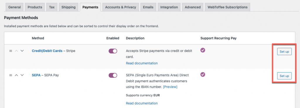 Configurer les méthodes de paiement qui prennent en charge les paiements récurrents