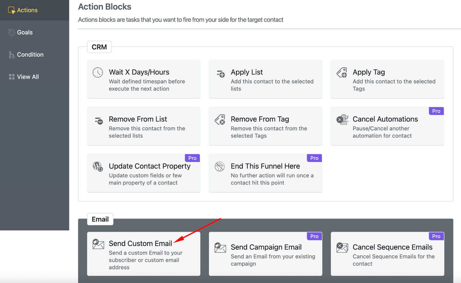 blocos de ação fluentcrm