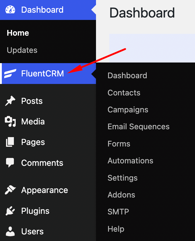 fluentcrm dans le tableau de bord wordpress