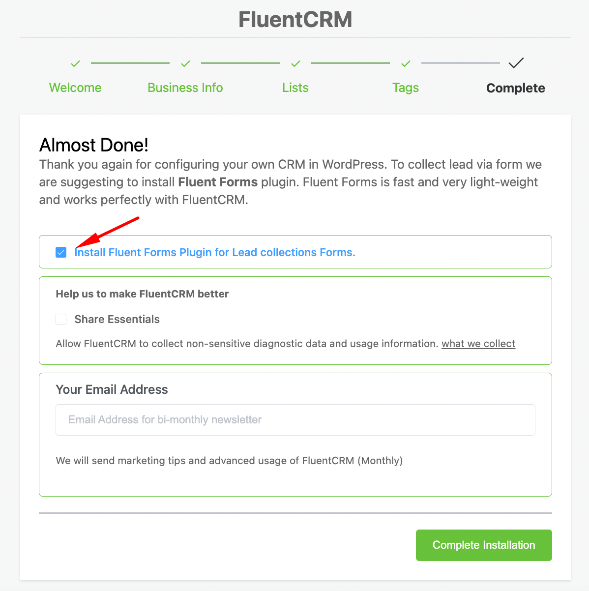 fluentcrm'de akıcı form yükleme istemi