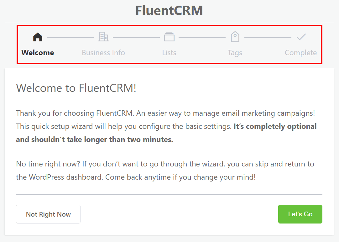 didacticiel de l'assistant de configuration de fluentcrm