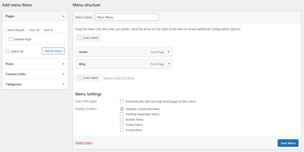 Apparence --> section Menus du tableau de bord