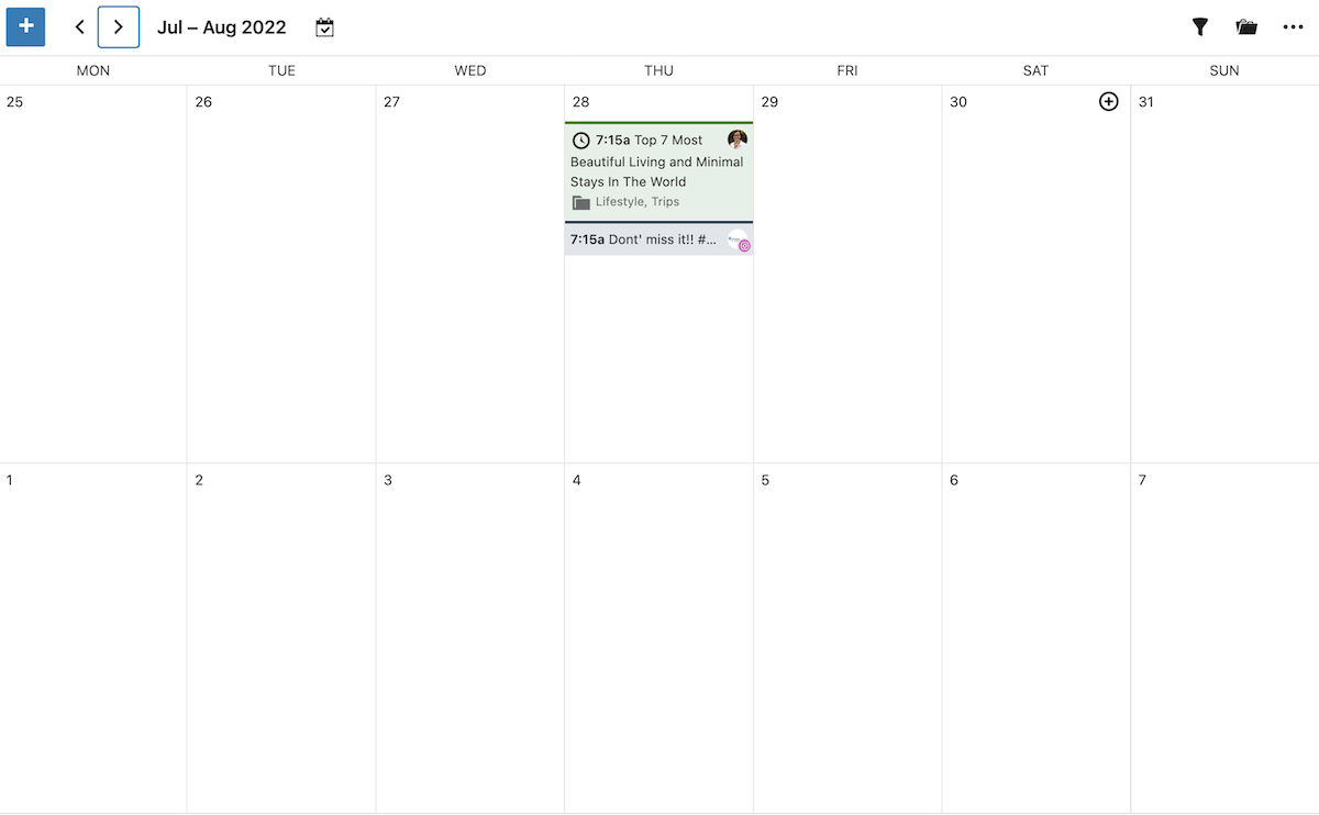 Calendrier Nelio Content montrant l'entrée et la publication Instagram programmées