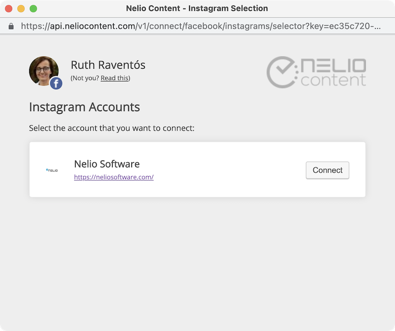 Conferma l'account Instagram che desideri connettere a Nelio Content