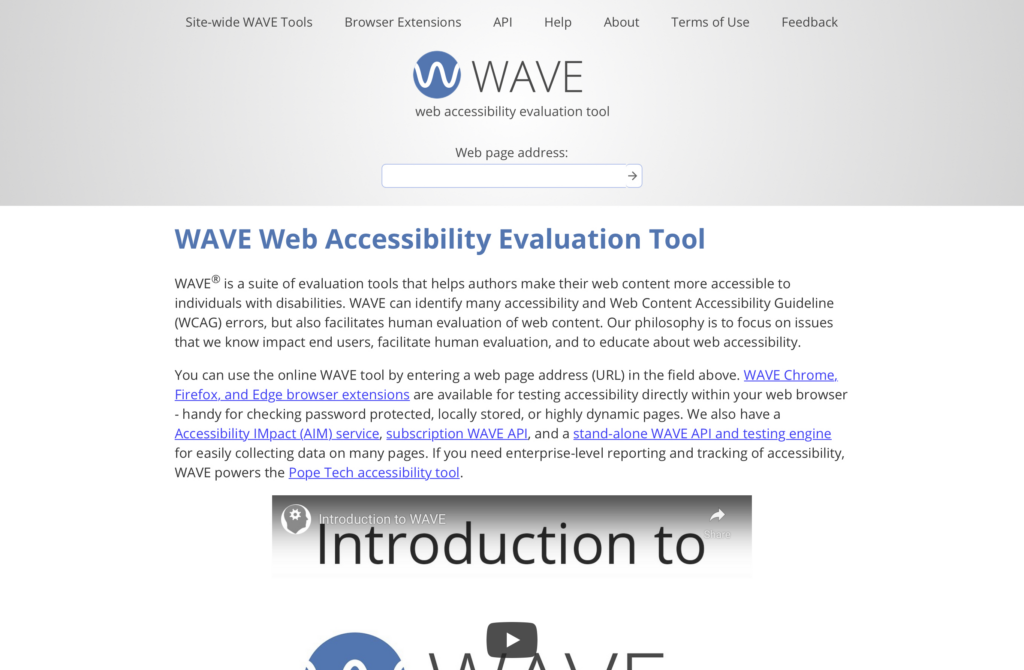 Página principal da WAVE Web Accessibility Evaluation Tool.