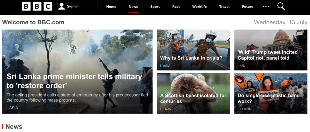 Site-ul BBC cu navigare clară de la tastatură și un indicator de focalizare