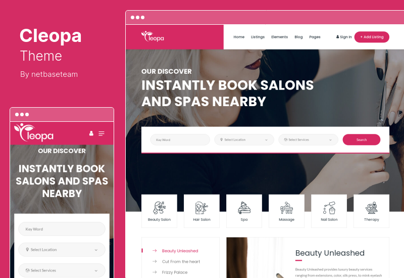 Cleopa Theme - Tema de WordPress para salón de belleza y salud con reserva