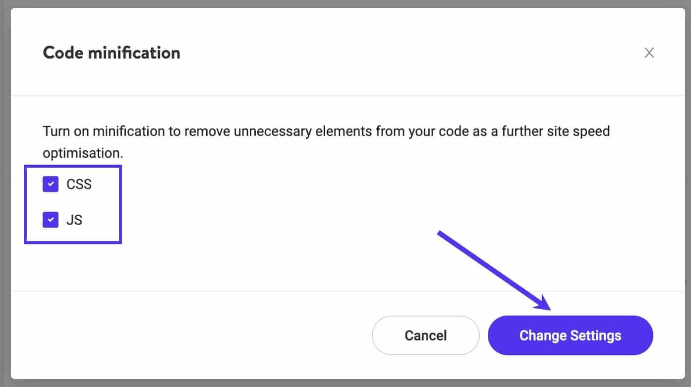 Modifica delle impostazioni di minimizzazione del codice in Kinsta CDN.