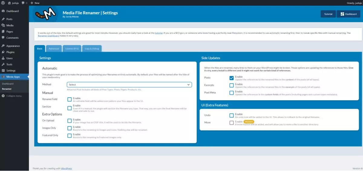 Página de configuración de Renombrador de archivos multimedia