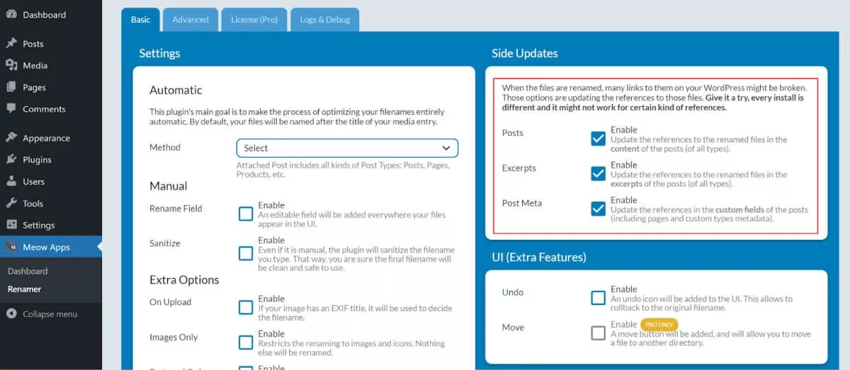 Ajustes de actualización lateral del archivo multimedia renombrado