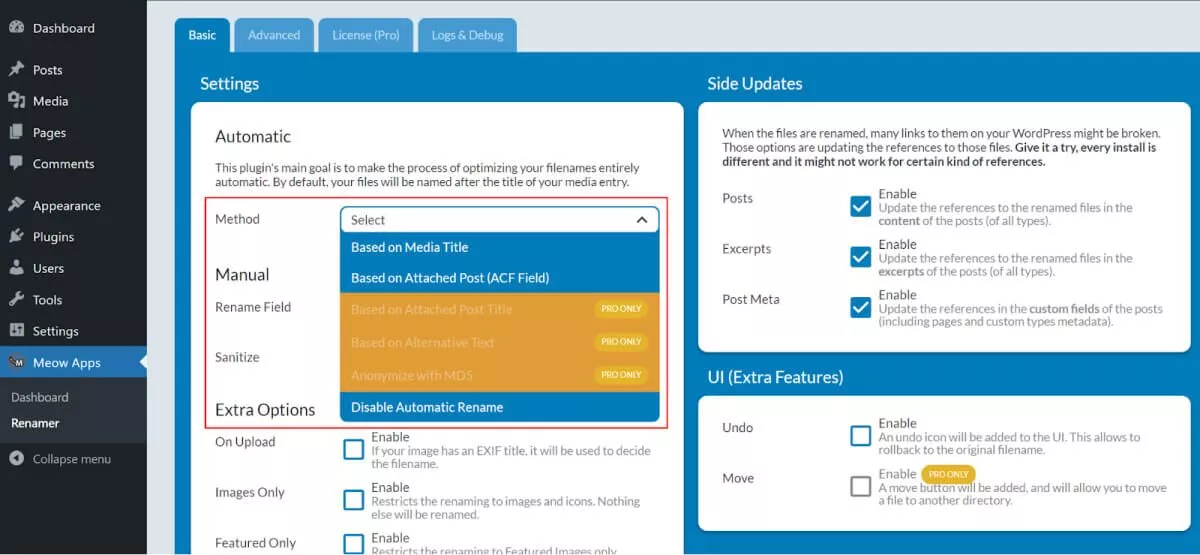 الإعدادات التلقائية لـ Media File Renamer