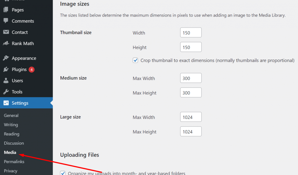 Media settings in WordPress