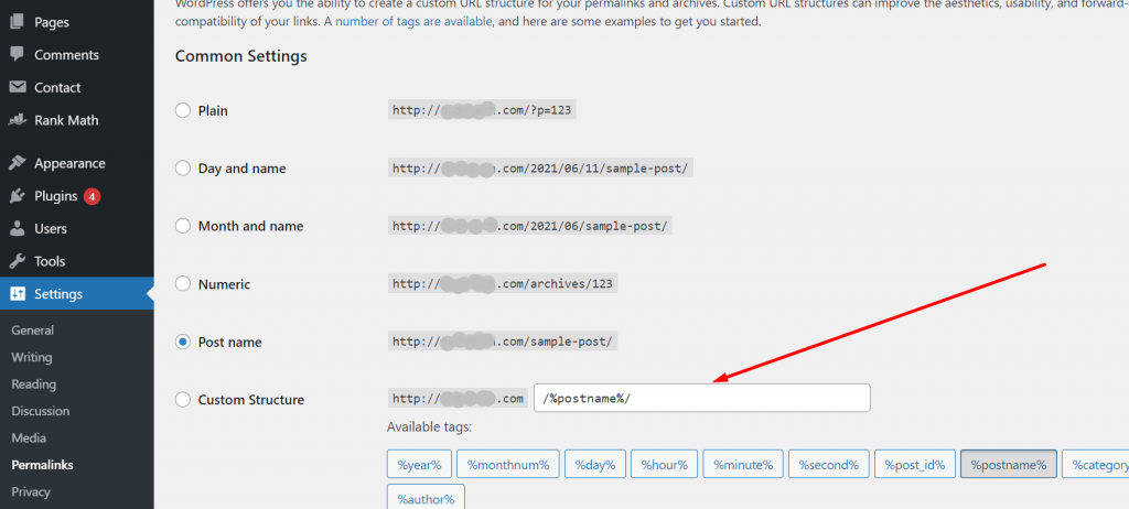 Permalink settings in WordPress 