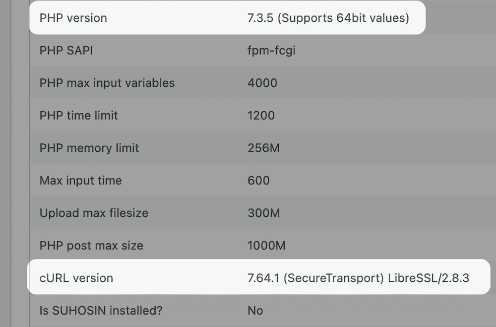 La versione PHP e la versione cURL all'interno della schermata Stato del sito.