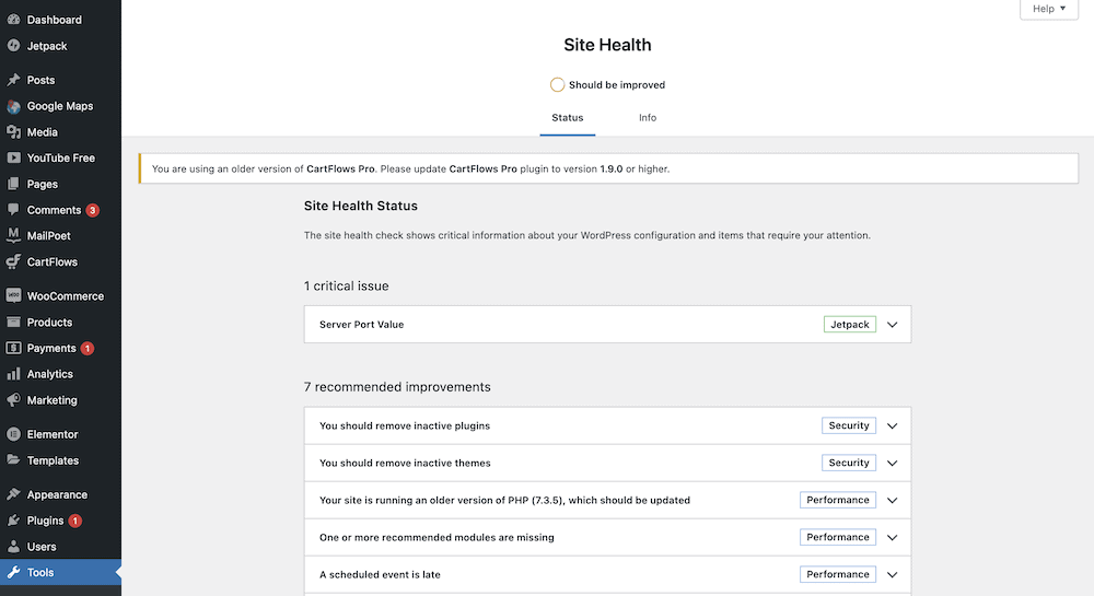 WordPress 站點運行狀況屏幕。