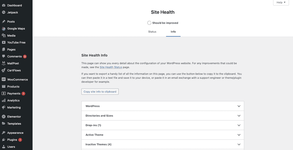 Die Registerkarte „Info“ auf dem Bildschirm „Site Health“.