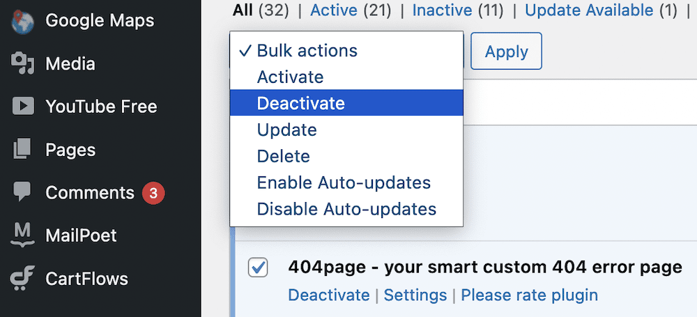 Sélectionnez Désactiver dans le menu Actions groupées de WordPress.