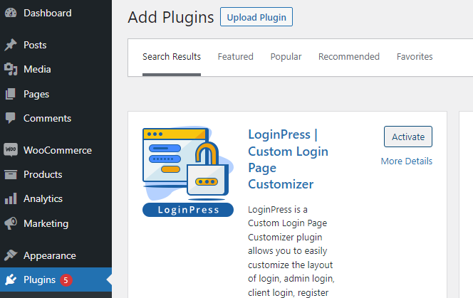 instalando o plugin LoginPress