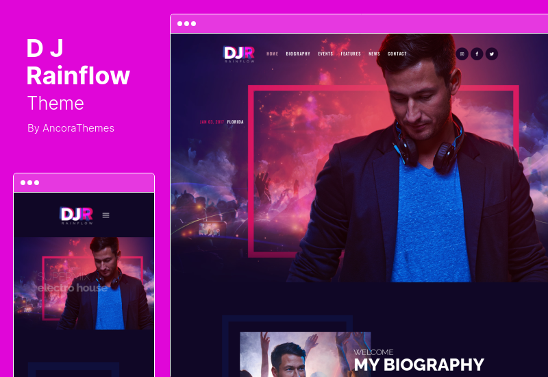 Tema DJ Rainflow - Tema WordPress de uma banda de música e músico