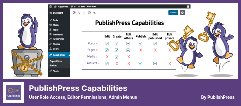 PublishPress Capabilities Plugin - Acces la rol de utilizator, Permisiuni editor, Meniuri de administrare