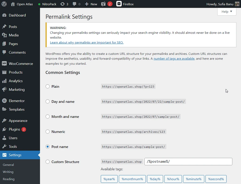 página de configuración de enlaces permanentes de wordpress