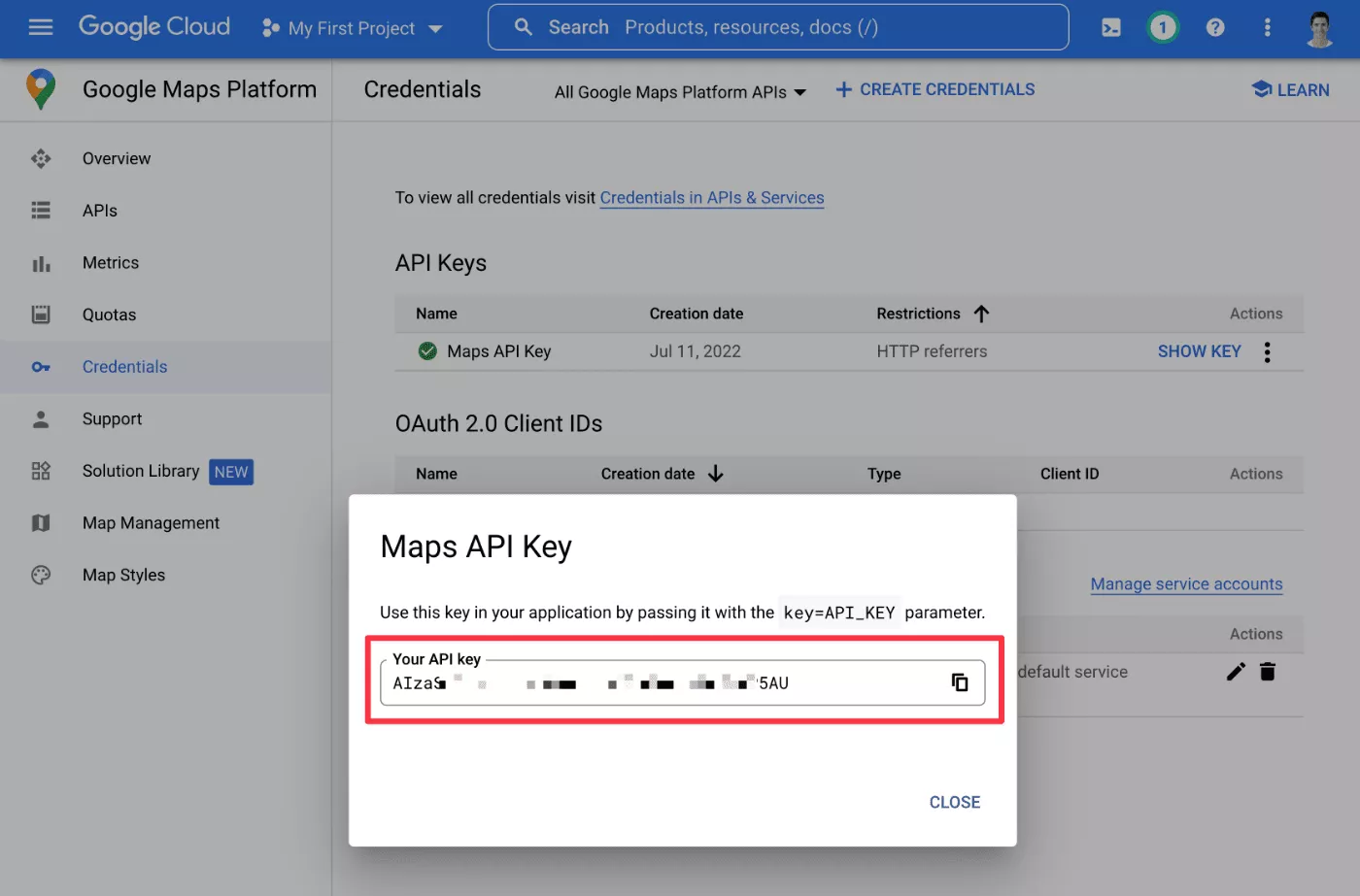 Crear clave API de Google Maps