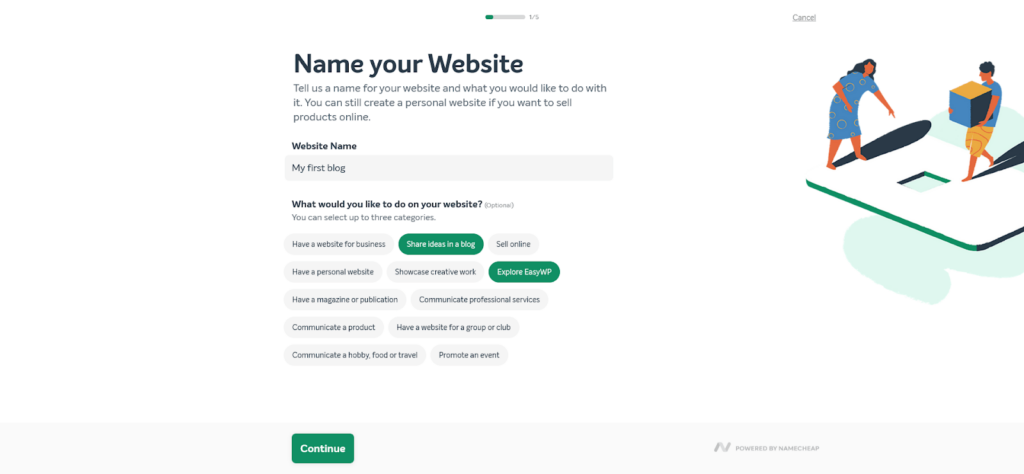 Menú dentro del proceso de configuración de EasyWP para nombrar su sitio