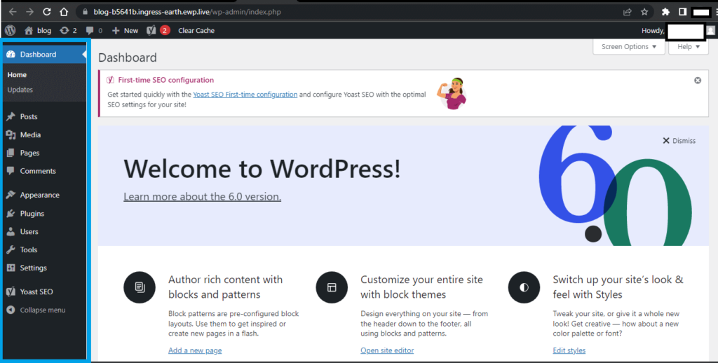 ภาพหน้าจอแบบเต็มของแดชบอร์ด WordPress ปัจจุบัน