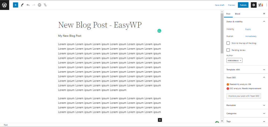 contoh layar pengeditan untuk posting baru di WordPress