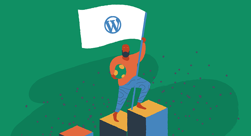 Um homem está em um blog com uma bandeira com o logotipo do WordPress