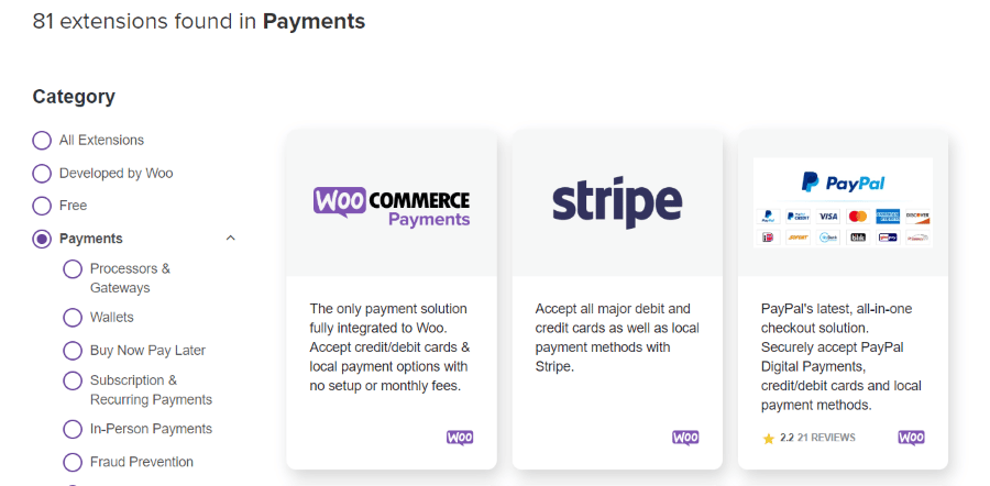 Une capture d'écran des passerelles de paiement WooCommerce