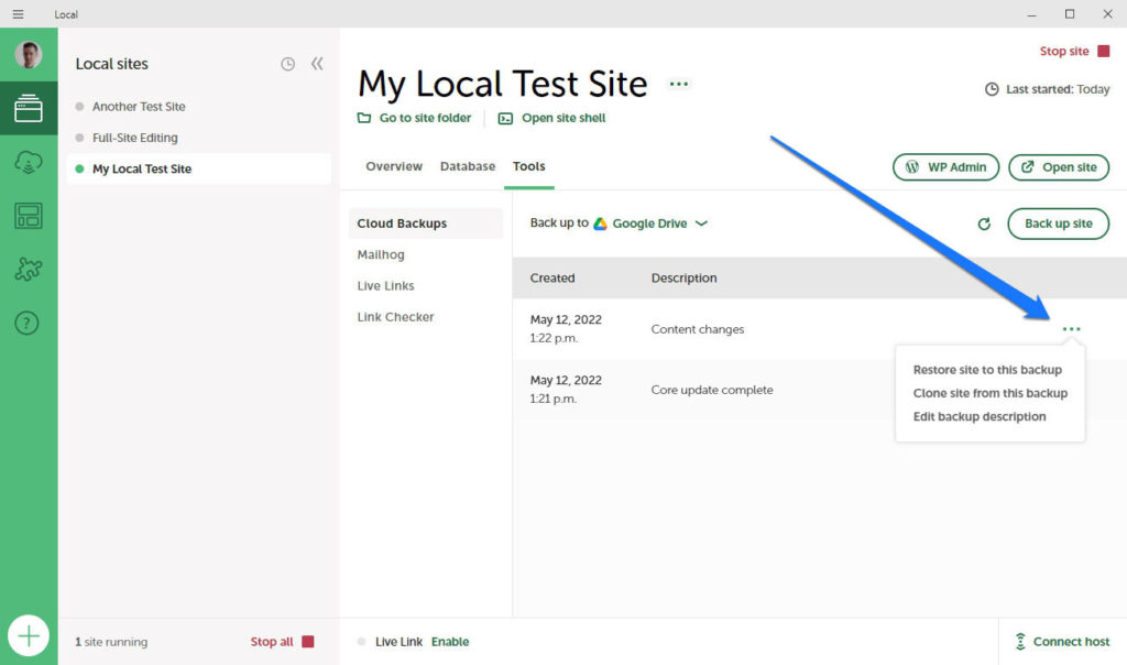 pulihkan situs dari cadangan cloud lokal