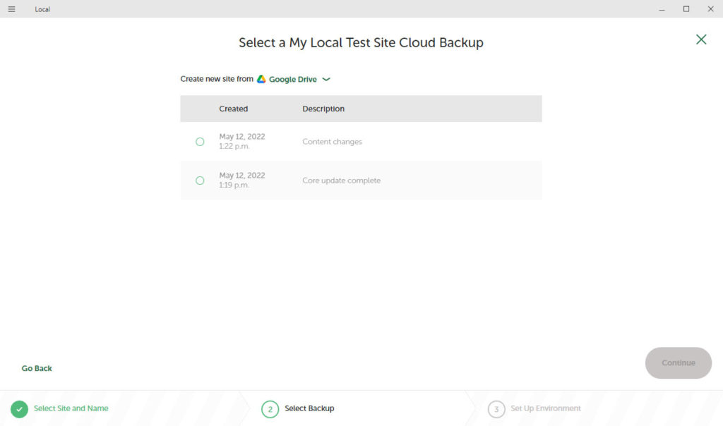 configurați un nou site din backup în cloud în local