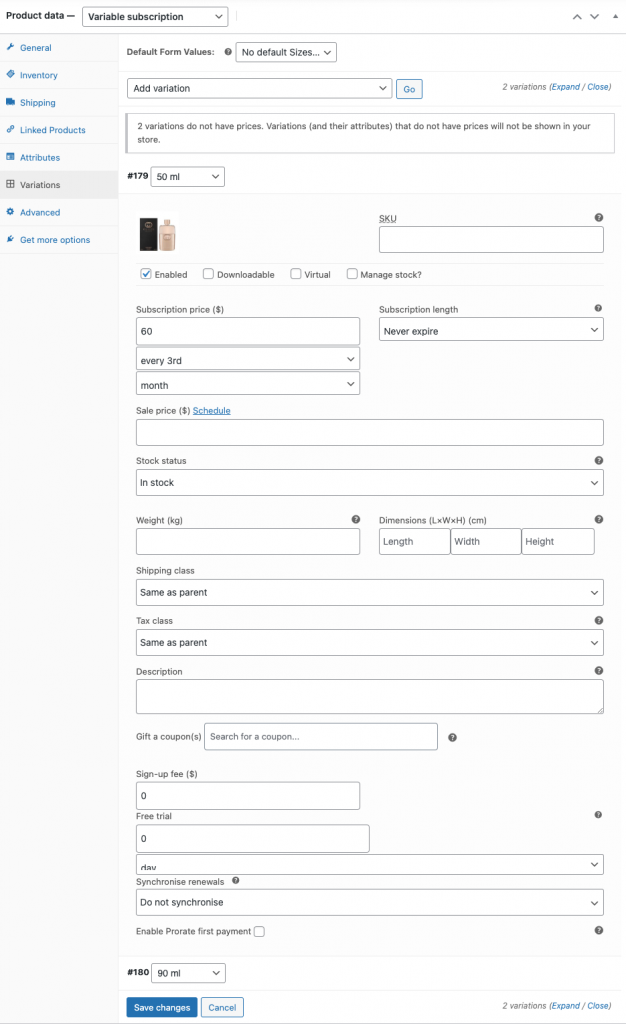 configuration de produits d'abonnement variables basés sur des attributs