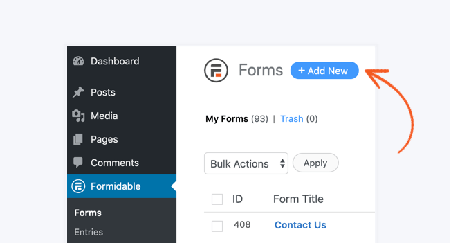 Formidable 플러그인 상단의 '새 항목 추가'를 클릭하여 양식 생성을 시작합니다.