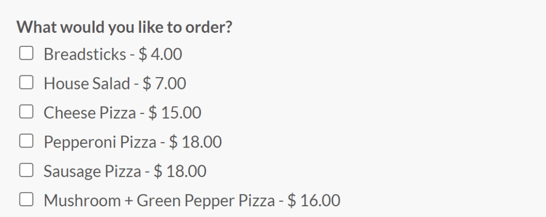 WPForms Take Away Order Form