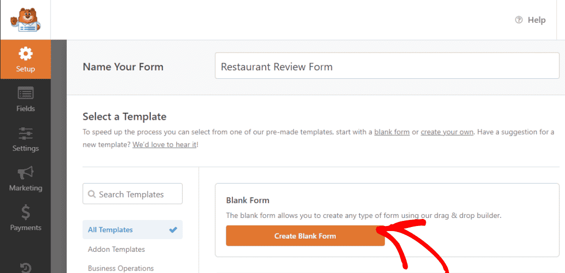 create blank form WPForms