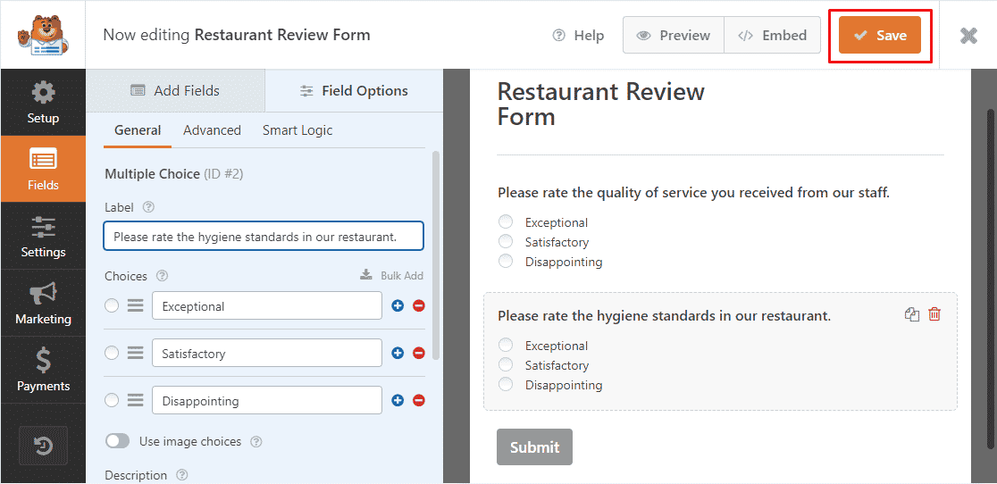 Saving changes mutliple choice form field