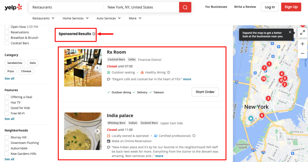 Questo è un esempio del sito web di Yelp per mostrare come stanno usando la strategia "Sell Directory Listings".