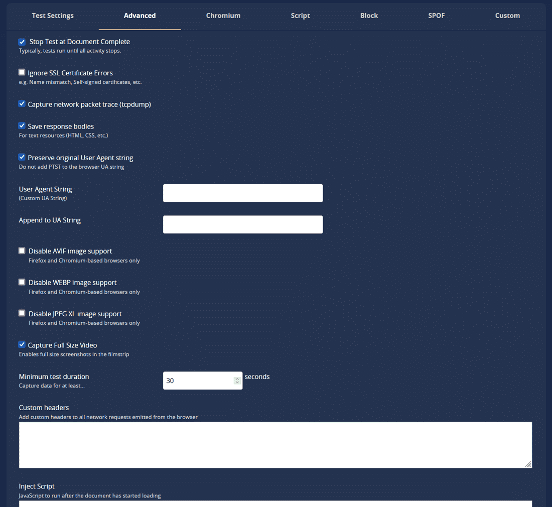 Una panoramica delle opzioni di test avanzate di WebPageTest.