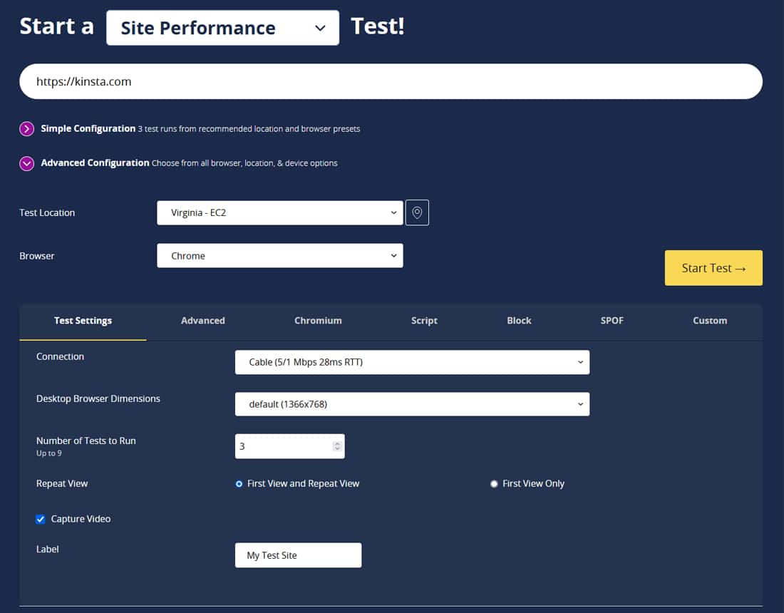 Capture d'écran de la page d'accueil de l'outil de test de vitesse du site WebPageTest.