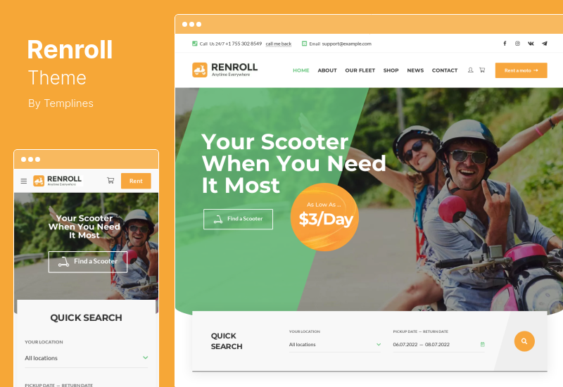 Tema Renroll - Tema WordPress per il noleggio di scooter e biciclette