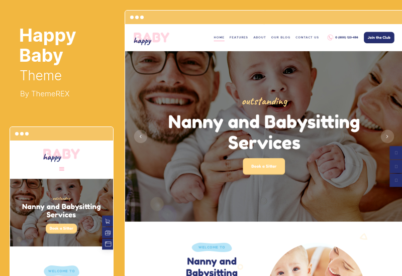 Motyw Happy Baby - usługi niani i opieki nad dziećmi Motyw WordPress dla dzieci