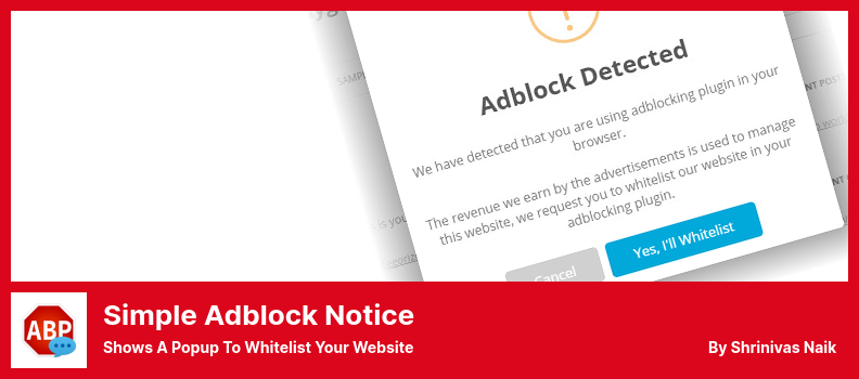 Simple Adblock Notice Plugin - Affiche une fenêtre contextuelle pour ajouter votre site Web à la liste blanche