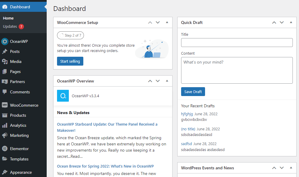 Screenshot des Newsfeeds des WordPress-Dashboards